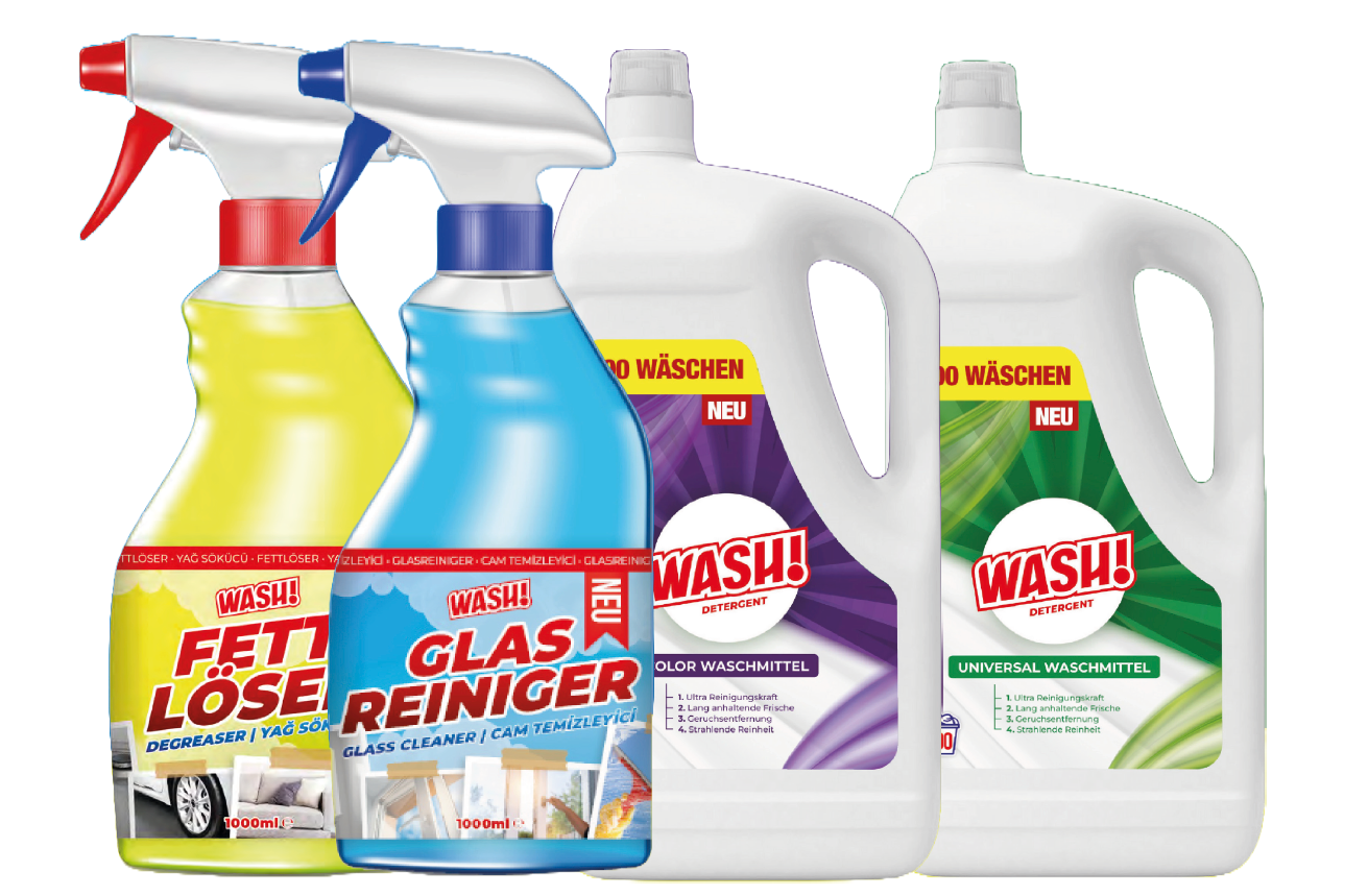 WASH Reinigungsmittel: Fettlöser, Glasreiniger, Universalreiniger und Color-Waschmittel